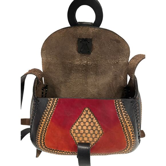 Vintage Leather Crossbody Bag Handmade in Mexico - Red Beige Black - Mint Cond! - Picture 3 of 11